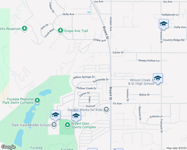 map of restaurants, bars, coffee shops, grocery stores, and more near 35164 Willow Springs Drive in Yucaipa