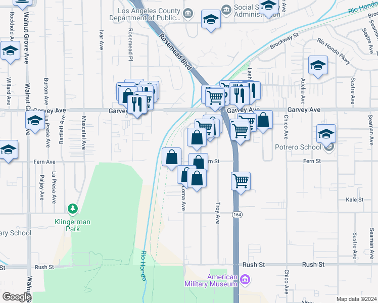 map of restaurants, bars, coffee shops, grocery stores, and more near 2626 Loma Avenue in South El Monte