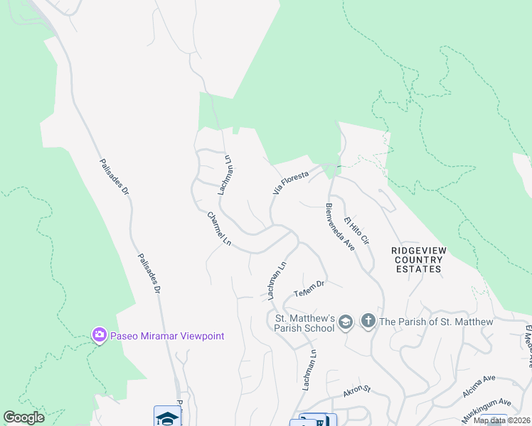 map of restaurants, bars, coffee shops, grocery stores, and more near 16597 Vía Floresta in Los Angeles