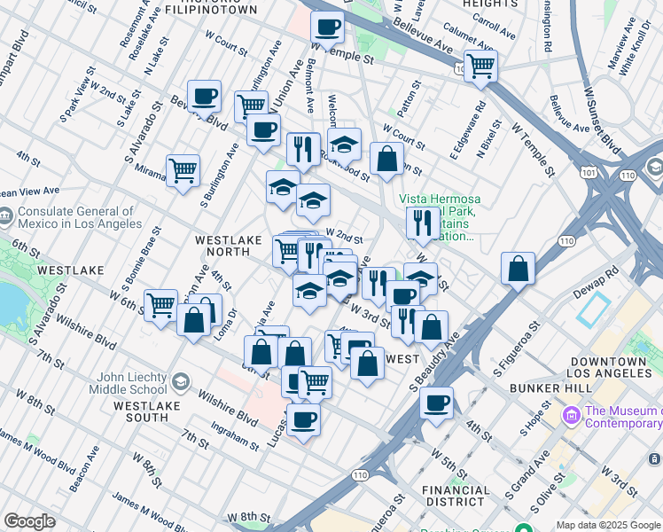 map of restaurants, bars, coffee shops, grocery stores, and more near 1438 Miramar Street in Los Angeles