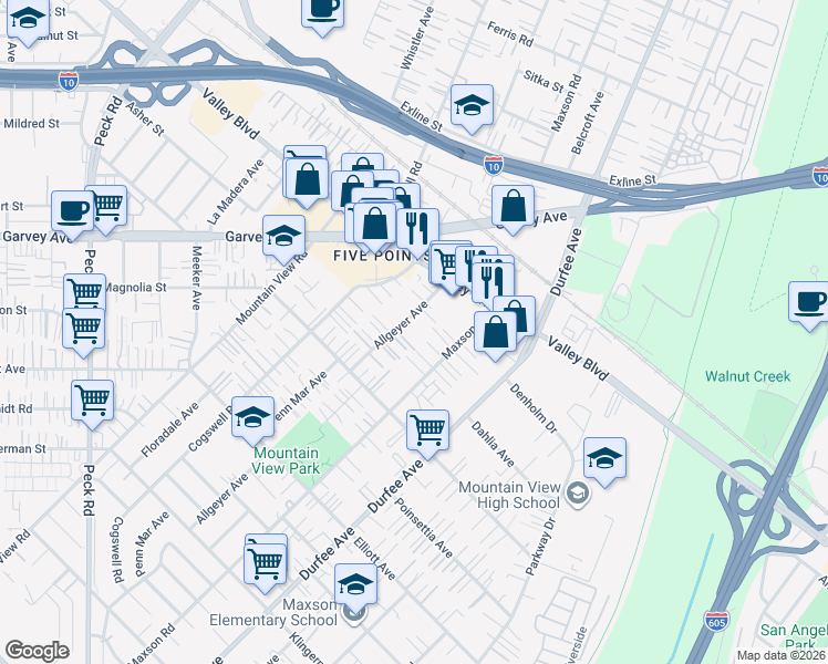 map of restaurants, bars, coffee shops, grocery stores, and more near 2938 Allgeyer Avenue in El Monte