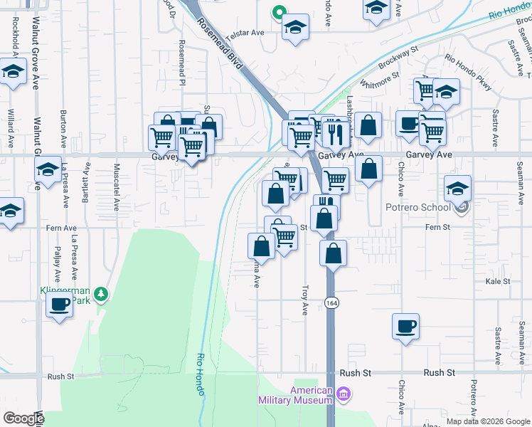 map of restaurants, bars, coffee shops, grocery stores, and more near 2626 Loma Avenue in South El Monte