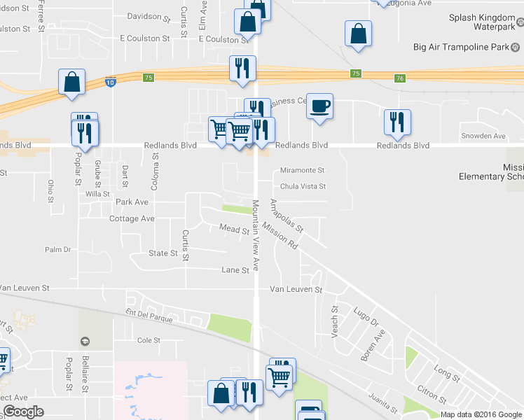 map of restaurants, bars, coffee shops, grocery stores, and more near 10679 Mountain View Avenue in Redlands