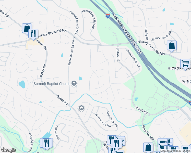 map of restaurants, bars, coffee shops, grocery stores, and more near 4333 Sugar Maple Chase Northwest in Acworth