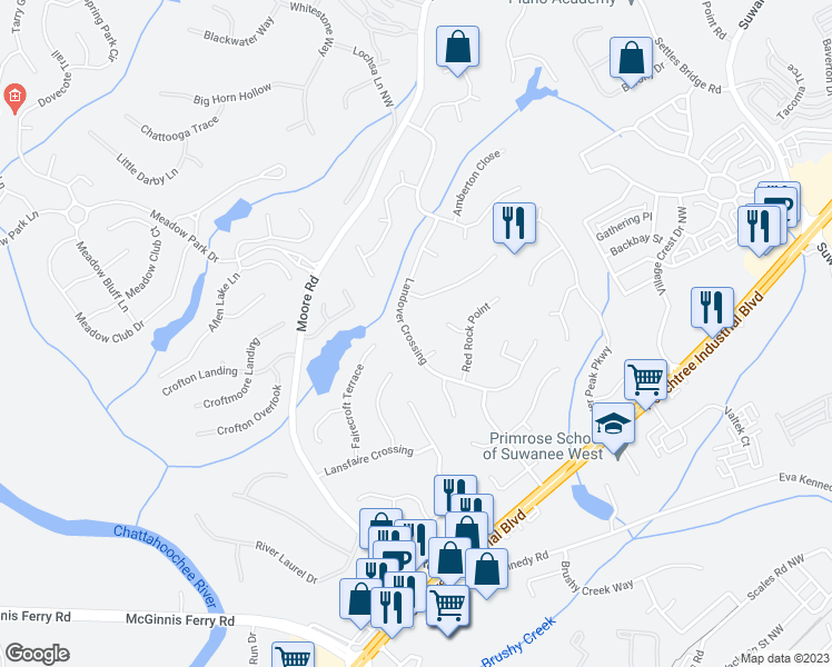 map of restaurants, bars, coffee shops, grocery stores, and more near 950 Landover Crossing in Suwanee