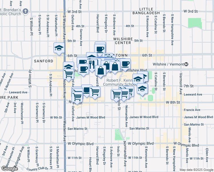 map of restaurants, bars, coffee shops, grocery stores, and more near 3460 West 7th Street in Los Angeles