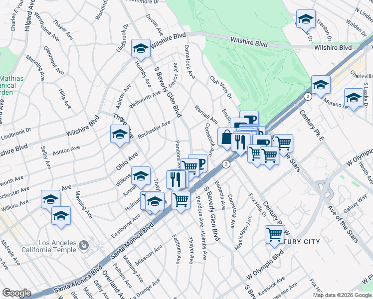 map of restaurants, bars, coffee shops, grocery stores, and more near 1557 South Beverly Glen Boulevard in Los Angeles