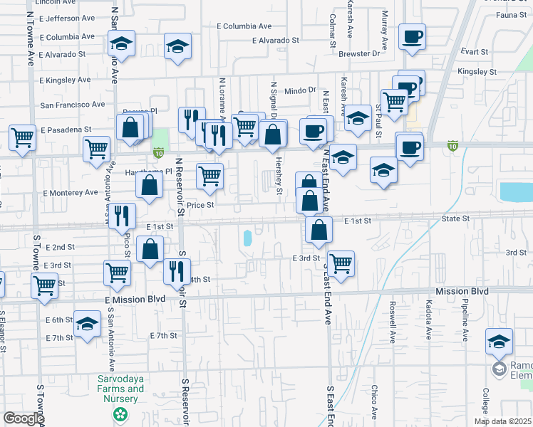 map of restaurants, bars, coffee shops, grocery stores, and more near 205 Hershey Street in Pomona