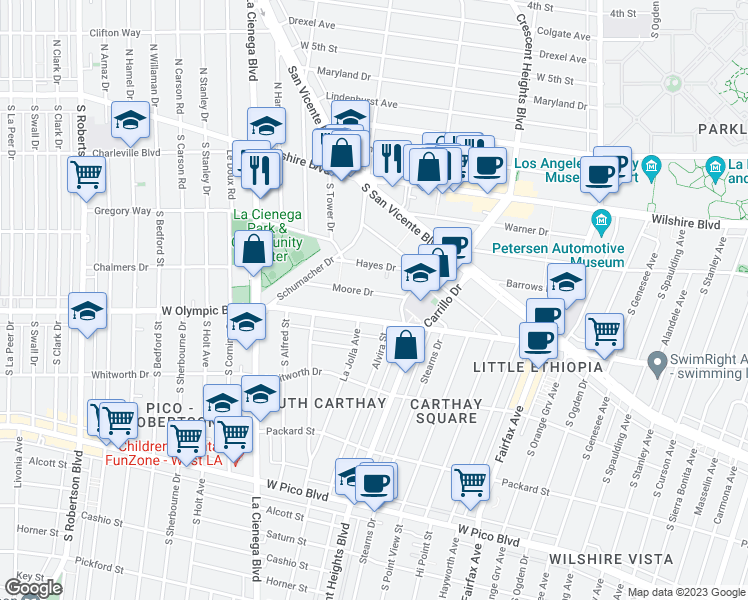 map of restaurants, bars, coffee shops, grocery stores, and more near 6442 Moore Drive in Los Angeles