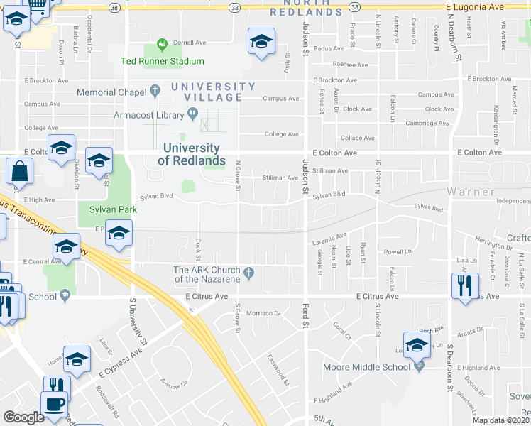 map of restaurants, bars, coffee shops, grocery stores, and more near 1316 Sylvan Boulevard in Redlands
