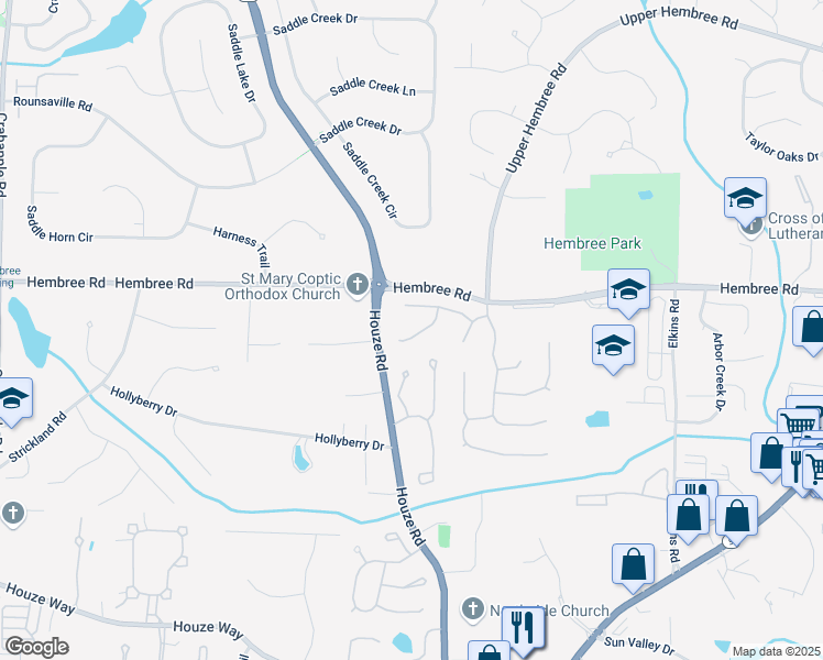 map of restaurants, bars, coffee shops, grocery stores, and more near 630 Bluff Oak Court in Roswell