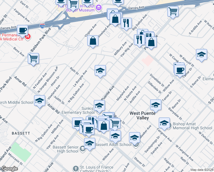 map of restaurants, bars, coffee shops, grocery stores, and more near 13833 Fairgrove Avenue in La Puente
