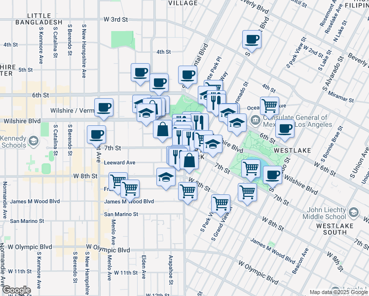 map of restaurants, bars, coffee shops, grocery stores, and more near W 7th St & S Hoover St in Los Angeles