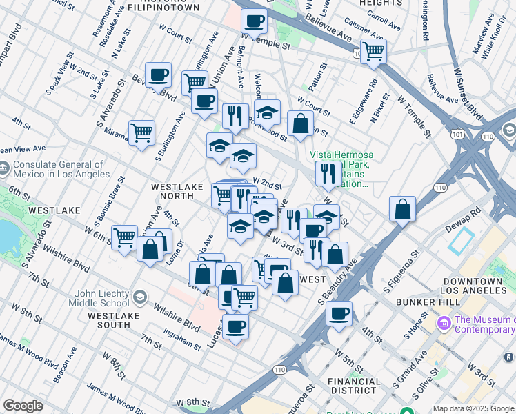 map of restaurants, bars, coffee shops, grocery stores, and more near 1438 Miramar Street in Los Angeles