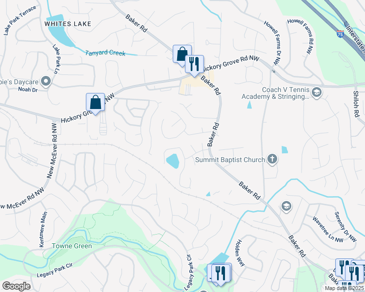 map of restaurants, bars, coffee shops, grocery stores, and more near 4360 Claires Brook Lane in Acworth
