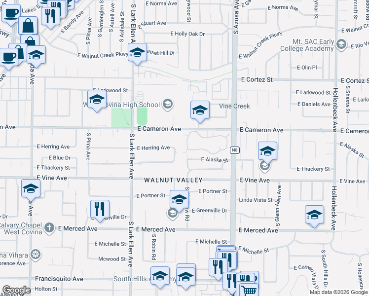map of restaurants, bars, coffee shops, grocery stores, and more near 1655 Aspen Village Way in West Covina