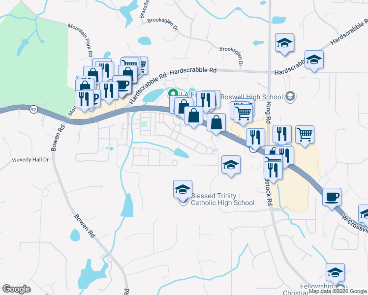 map of restaurants, bars, coffee shops, grocery stores, and more near 3402 Waters Edge Trail in Roswell