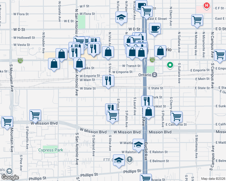 map of restaurants, bars, coffee shops, grocery stores, and more near 417 West State Street in Ontario