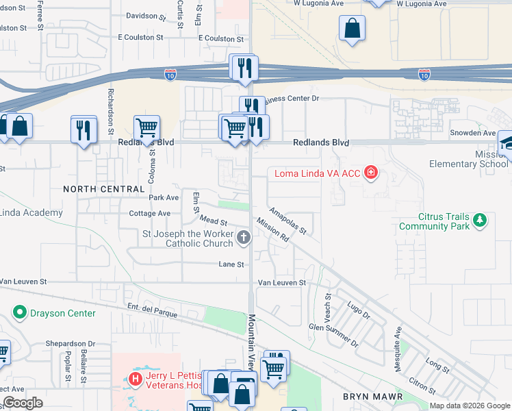 map of restaurants, bars, coffee shops, grocery stores, and more near 10679 Mountain View Avenue in Redlands