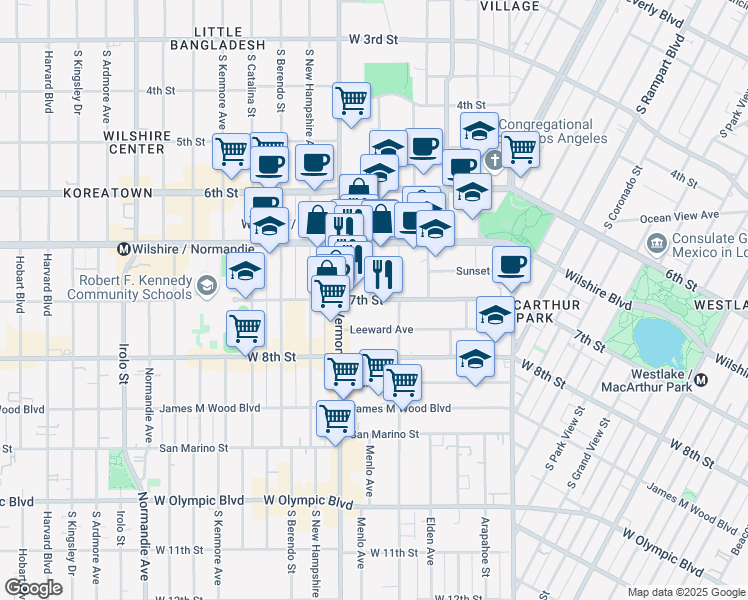 map of restaurants, bars, coffee shops, grocery stores, and more near 3041 West 7th Street in Los Angeles