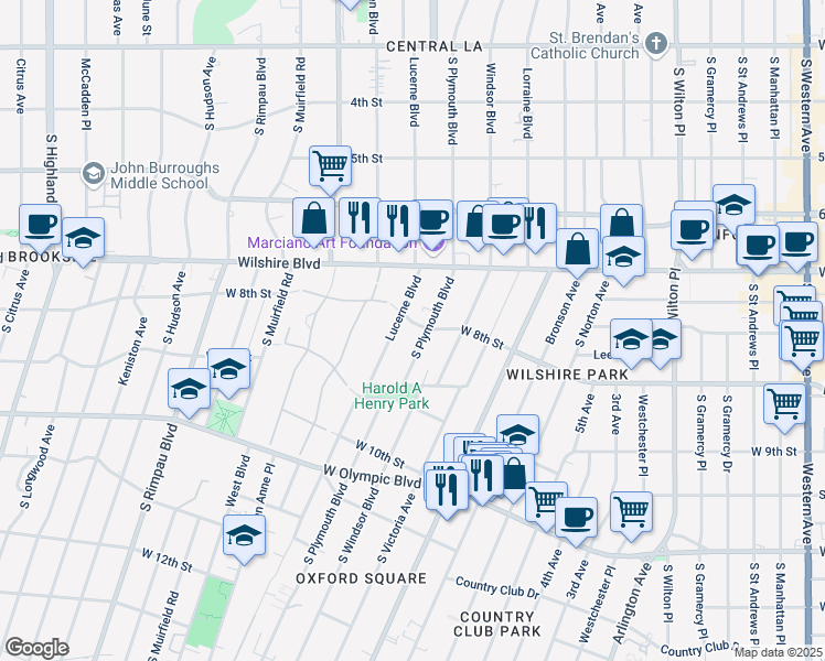 map of restaurants, bars, coffee shops, grocery stores, and more near 742 South Lucerne Boulevard in Los Angeles
