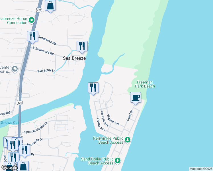 map of restaurants, bars, coffee shops, grocery stores, and more near 420 Marina Street in Carolina Beach