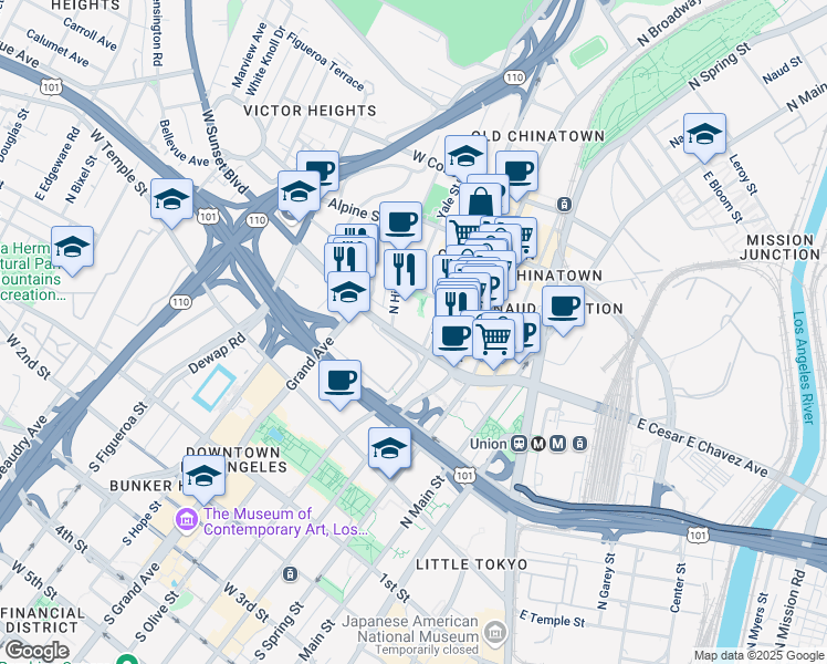 map of restaurants, bars, coffee shops, grocery stores, and more near 521 West Cesar Estrada Chavez Avenue in Los Angeles