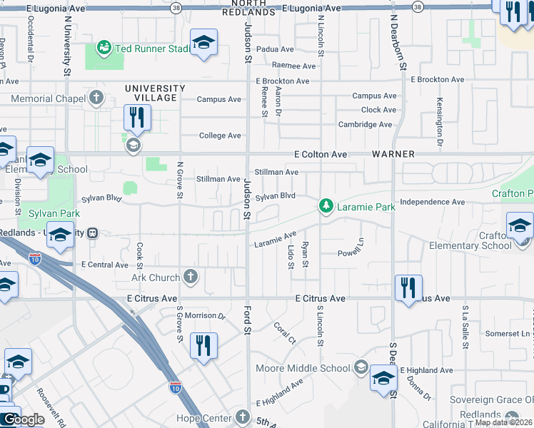 map of restaurants, bars, coffee shops, grocery stores, and more near in Redlands