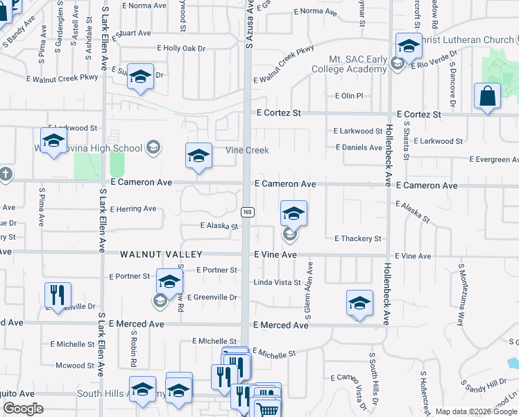 map of restaurants, bars, coffee shops, grocery stores, and more near in West Covina