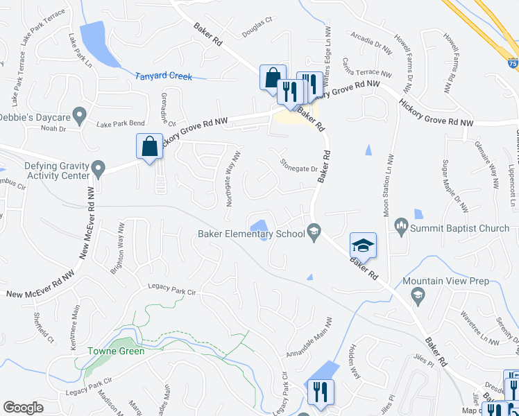 map of restaurants, bars, coffee shops, grocery stores, and more near 4368 Clairesbrook Lane in Acworth