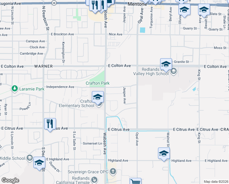 map of restaurants, bars, coffee shops, grocery stores, and more near 30538 Laramie Avenue in Redlands