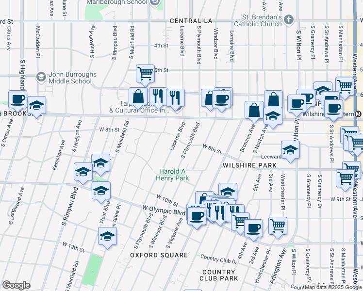 map of restaurants, bars, coffee shops, grocery stores, and more near 801 South Plymouth Boulevard in Los Angeles