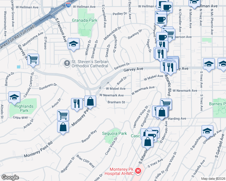 map of restaurants, bars, coffee shops, grocery stores, and more near 259 South Fremont Avenue in Monterey Park