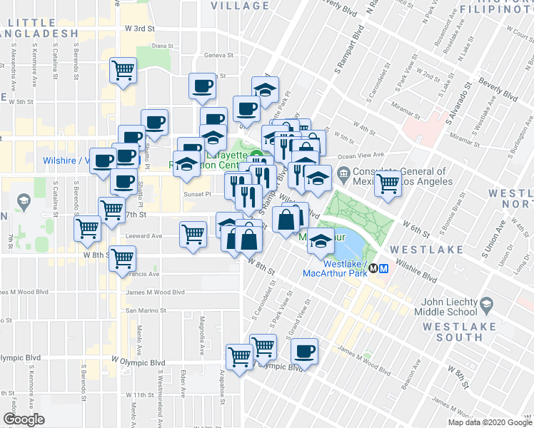 map of restaurants, bars, coffee shops, grocery stores, and more near 2626 Wilshire Boulevard in Los Angeles