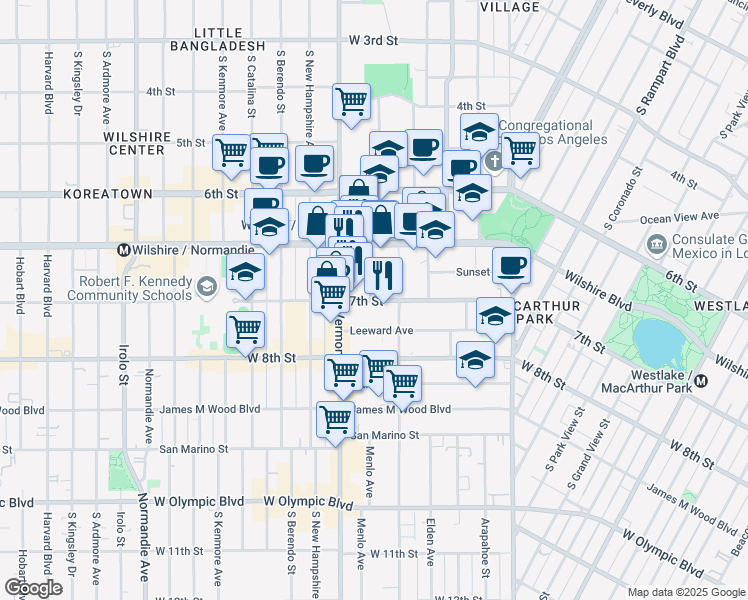 map of restaurants, bars, coffee shops, grocery stores, and more near 682 Shatto Place in Los Angeles