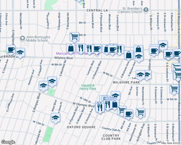 map of restaurants, bars, coffee shops, grocery stores, and more near 742 South Lucerne Boulevard in Los Angeles