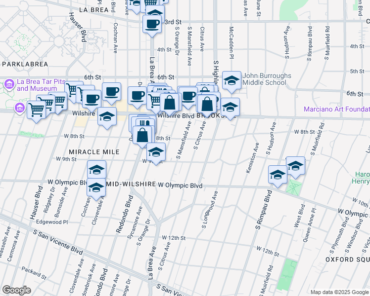 map of restaurants, bars, coffee shops, grocery stores, and more near 750 South Mansfield Avenue in Los Angeles