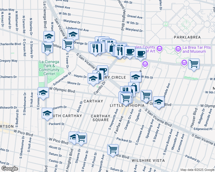 map of restaurants, bars, coffee shops, grocery stores, and more near 6226 San Vicente Boulevard in Los Angeles