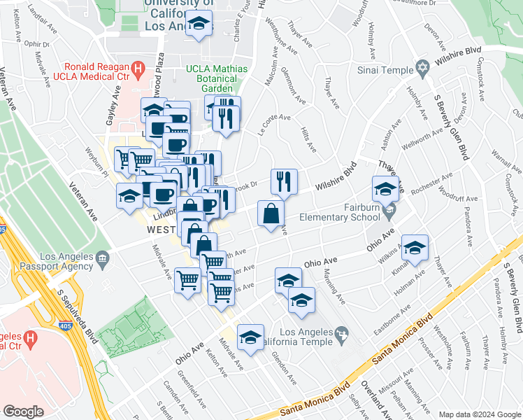 map of restaurants, bars, coffee shops, grocery stores, and more near 10763 Wilshire Boulevard in Los Angeles