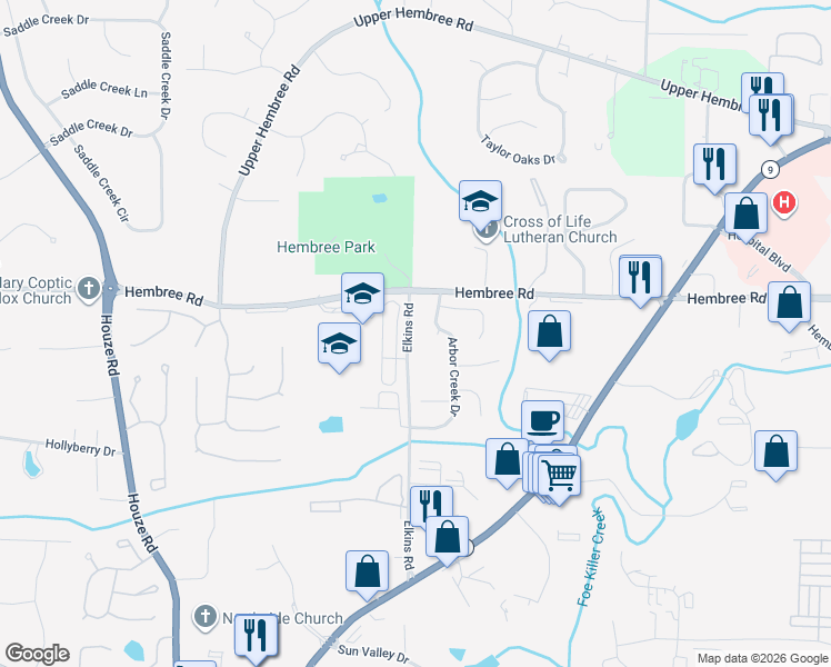 map of restaurants, bars, coffee shops, grocery stores, and more near 905 Hembree Road in Roswell