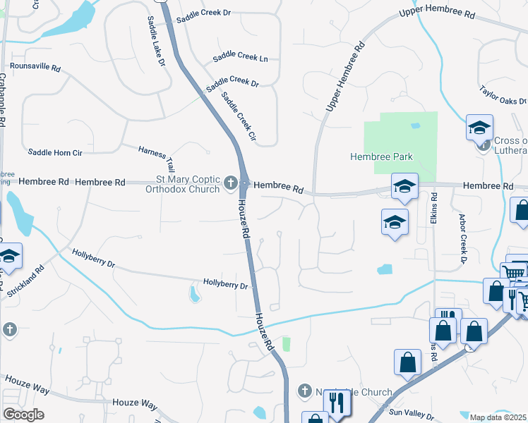 map of restaurants, bars, coffee shops, grocery stores, and more near 630 Bluff Oak Court in Roswell
