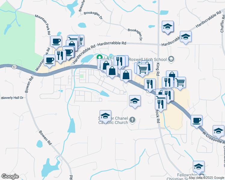 map of restaurants, bars, coffee shops, grocery stores, and more near 1902 Waters Edge Trail in Roswell