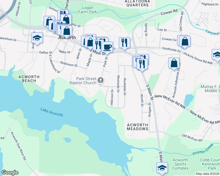 map of restaurants, bars, coffee shops, grocery stores, and more near 4319 Hillcrest Drive in Acworth
