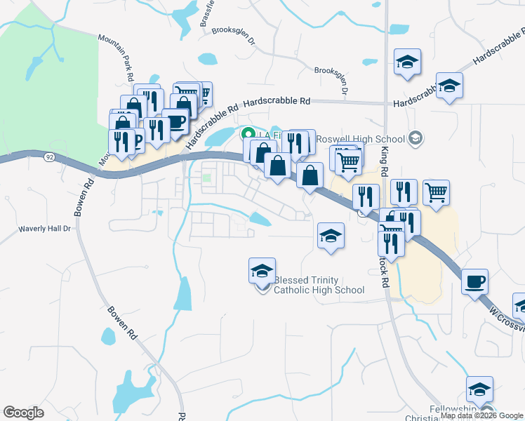 map of restaurants, bars, coffee shops, grocery stores, and more near 1707 Waters Edge Trail in Roswell