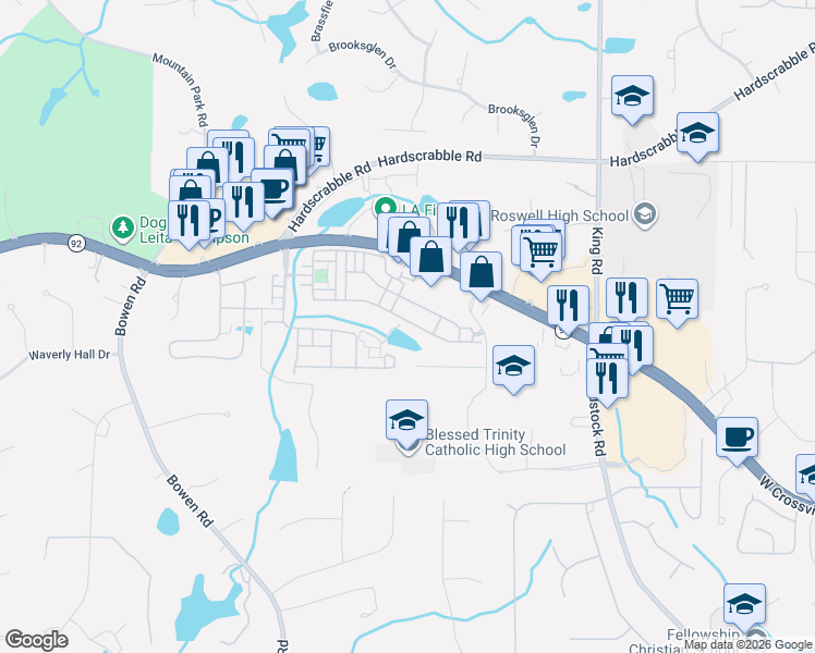 map of restaurants, bars, coffee shops, grocery stores, and more near 1707 Waters Edge Trail in Roswell