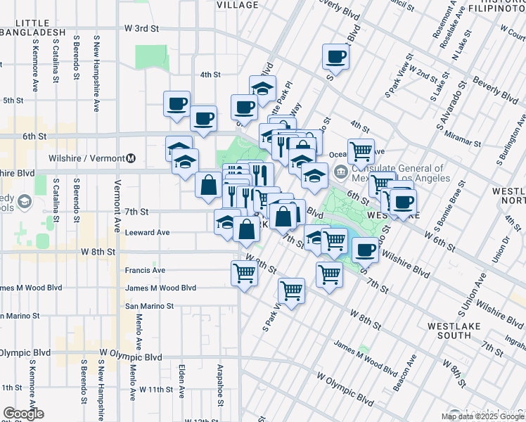map of restaurants, bars, coffee shops, grocery stores, and more near 676 South Rampart Boulevard in Los Angeles