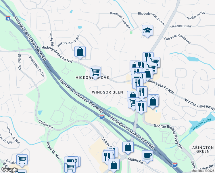 map of restaurants, bars, coffee shops, grocery stores, and more near 1503 Dickens Place Northwest in Kennesaw
