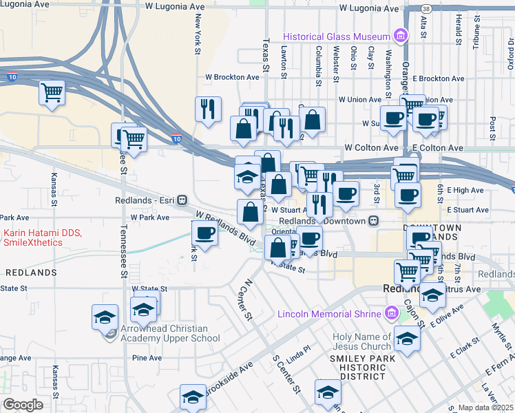 map of restaurants, bars, coffee shops, grocery stores, and more near 515 Texas Street in Redlands