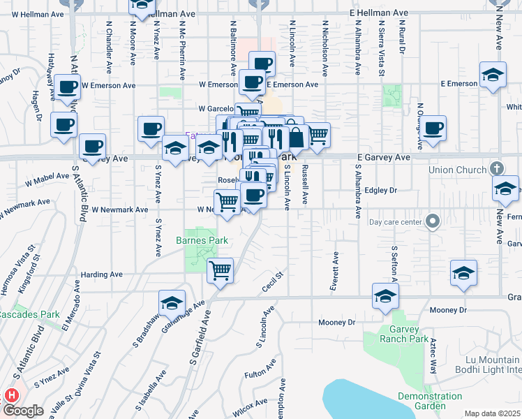 map of restaurants, bars, coffee shops, grocery stores, and more near S Garfield Ave & E Newmark Ave in Monterey Park