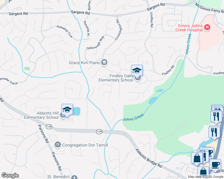 map of restaurants, bars, coffee shops, grocery stores, and more near 305 Treyford Court in Alpharetta